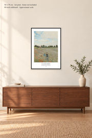 The Poppy Field near Argenteuil · 50 × 70 cm · Art print · frame not included · room mockup · approximate scale against 60-inch sideboard