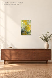 The Path through the Irises · 12 × 18 inches · Stretched canvas · artwork only · room mockup · approximate scale against 60-inch sideboard