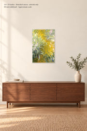 The Path through the Irises · 16 × 24 inches · Stretched canvas · artwork only · room mockup · approximate scale against 60-inch sideboard