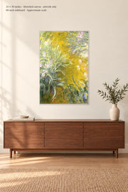 The Path through the Irises · 24 × 36 inches · Stretched canvas · artwork only · room mockup · approximate scale against 60-inch sideboard