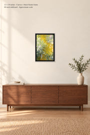 The Path through the Irises · 12 × 18 inches · Canvas + black floater frame · room mockup · approximate scale against 60-inch sideboard