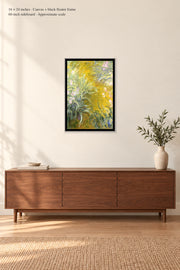 The Path through the Irises · 16 × 24 inches · Canvas + black floater frame · room mockup · approximate scale against 60-inch sideboard