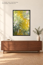 The Path through the Irises · 24 × 36 inches · Canvas + black floater frame · room mockup · approximate scale against 60-inch sideboard