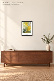 The Path through the Irises · 12 × 16 inches · Art print · frame not included · room mockup · approximate scale against 60-inch sideboard
