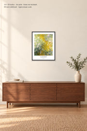 The Path through the Irises · 16 × 20 inches · Art print · frame not included · room mockup · approximate scale against 60-inch sideboard