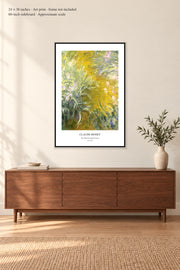 The Path through the Irises · 24 × 36 inches · Art print · frame not included · room mockup · approximate scale against 60-inch sideboard