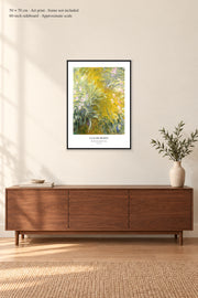 The Path through the Irises · 50 × 70 cm · Art print · frame not included · room mockup · approximate scale against 60-inch sideboard