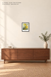 The Path through the Irises · 8 × 10 inches · Art print · frame not included · room mockup · approximate scale against 60-inch sideboard