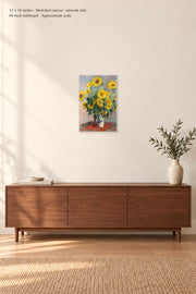 Bouquet of Sunflowers · 12 × 18 inches · Stretched canvas · artwork only · room mockup · approximate scale against 60-inch sideboard