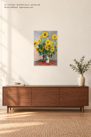 Bouquet of Sunflowers · 16 × 24 inches · Stretched canvas · artwork only · room mockup · approximate scale against 60-inch sideboard