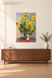 Bouquet of Sunflowers · 24 × 36 inches · Stretched canvas · artwork only · room mockup · approximate scale against 60-inch sideboard