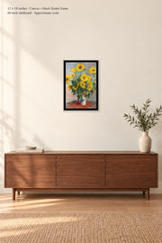 Bouquet of Sunflowers · 12 × 18 inches · Canvas + black floater frame · room mockup · approximate scale against 60-inch sideboard