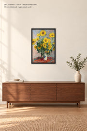 Bouquet of Sunflowers · 16 × 24 inches · Canvas + black floater frame · room mockup · approximate scale against 60-inch sideboard