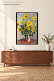 Bouquet of Sunflowers · 24 × 36 inches · Canvas + black floater frame · room mockup · approximate scale against 60-inch sideboard