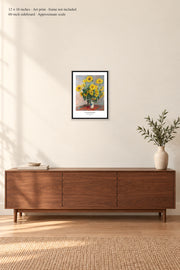 Bouquet of Sunflowers · 12 × 16 inches · Art print · frame not included · room mockup · approximate scale against 60-inch sideboard