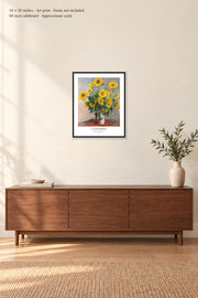 Bouquet of Sunflowers · 16 × 20 inches · Art print · frame not included · room mockup · approximate scale against 60-inch sideboard