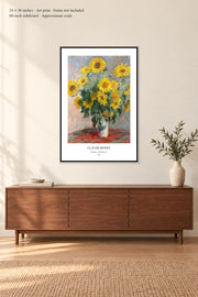 Bouquet of Sunflowers · 24 × 36 inches · Art print · frame not included · room mockup · approximate scale against 60-inch sideboard