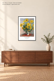 Bouquet of Sunflowers · 50 × 70 cm · Art print · frame not included · room mockup · approximate scale against 60-inch sideboard
