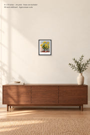 Bouquet of Sunflowers · 8 × 10 inches · Art print · frame not included · room mockup · approximate scale against 60-inch sideboard