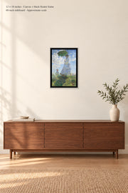 Woman with a Parasol · 12 × 18 inches · Canvas + black floater frame · room mockup · approximate scale against 60-inch sideboard