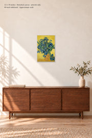 Irises · 12 × 18 inches · Stretched canvas · no border or text · room mockup · approximate scale against 60-inch sideboard