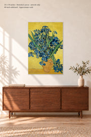 Irises · 24 × 36 inches · Stretched canvas · no border or text · room mockup · approximate scale against 60-inch sideboard