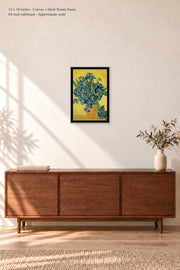 Irises · 12 × 18 inches · Canvas + Black Floater Frame · room mockup · approximate scale against 60-inch sideboard