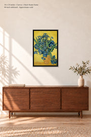 Irises · 16 × 24 inches · Canvas + Black Floater Frame · room mockup · approximate scale against 60-inch sideboard
