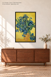 Irises · 24 × 36 inches · Canvas + Black Floater Frame · room mockup · approximate scale against 60-inch sideboard