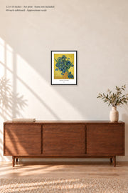 Irises · 12 × 16 inches · Art print in a simple black frame · frame not included · room mockup · approximate scale against 60-inch sideboard