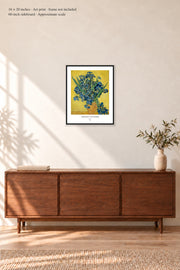 Irises · 16 × 20 inches · Art print in a simple black frame · frame not included · room mockup · approximate scale against 60-inch sideboard