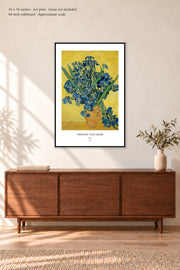 Irises · 24 × 36 inches · Art print in a simple black frame · frame not included · room mockup · approximate scale against 60-inch sideboard