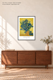 Irises · 19¾ × 27½ inches (50 × 70 cm) · Art print in a simple black frame · frame not included · room mockup · approximate scale against 60-inch sideboard