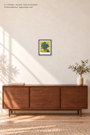 Irises · 8 × 10 inches · Art print in a simple black frame · frame not included · room mockup · approximate scale against 60-inch sideboard