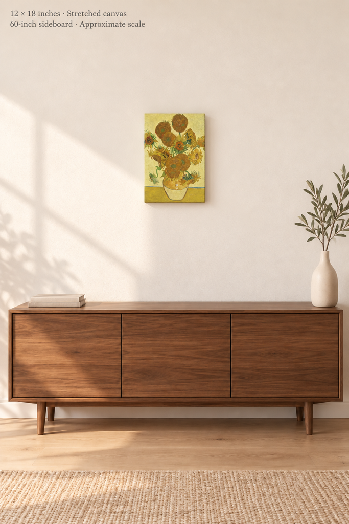 Avenue room mockup · 12 × 18 inches · Stretched canvas · no border or text · approximate scale