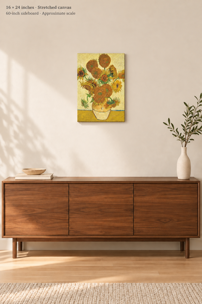 Avenue room mockup · 16 × 24 inches · Stretched canvas · no border or text · approximate scale