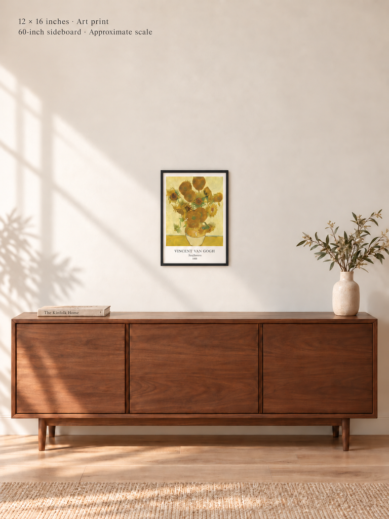 Avenue room mockup · 12 × 16 inches · Art print in a simple black frame · Frame not included · approximate scale