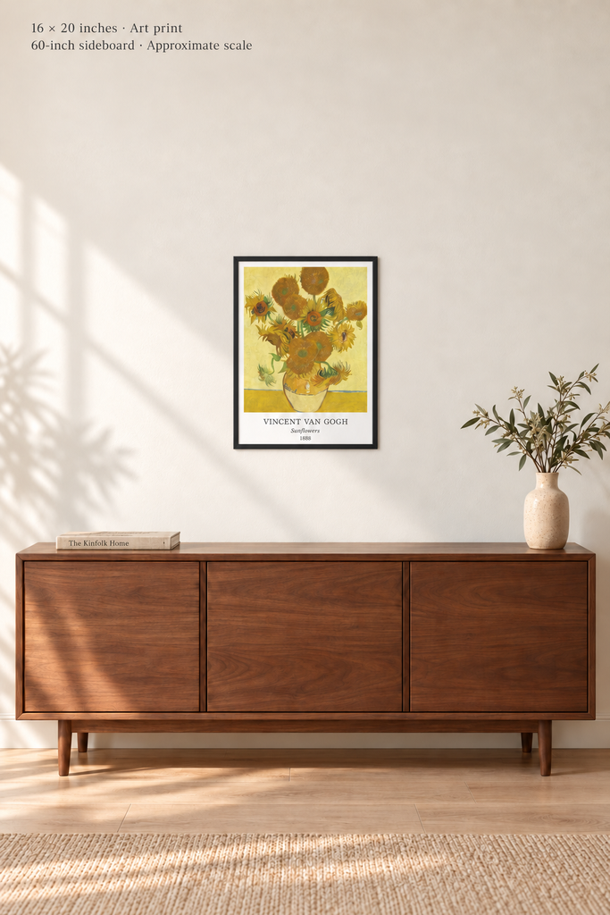 Avenue room mockup · 16 × 20 inches · Art print in a simple black frame · Frame not included · approximate scale