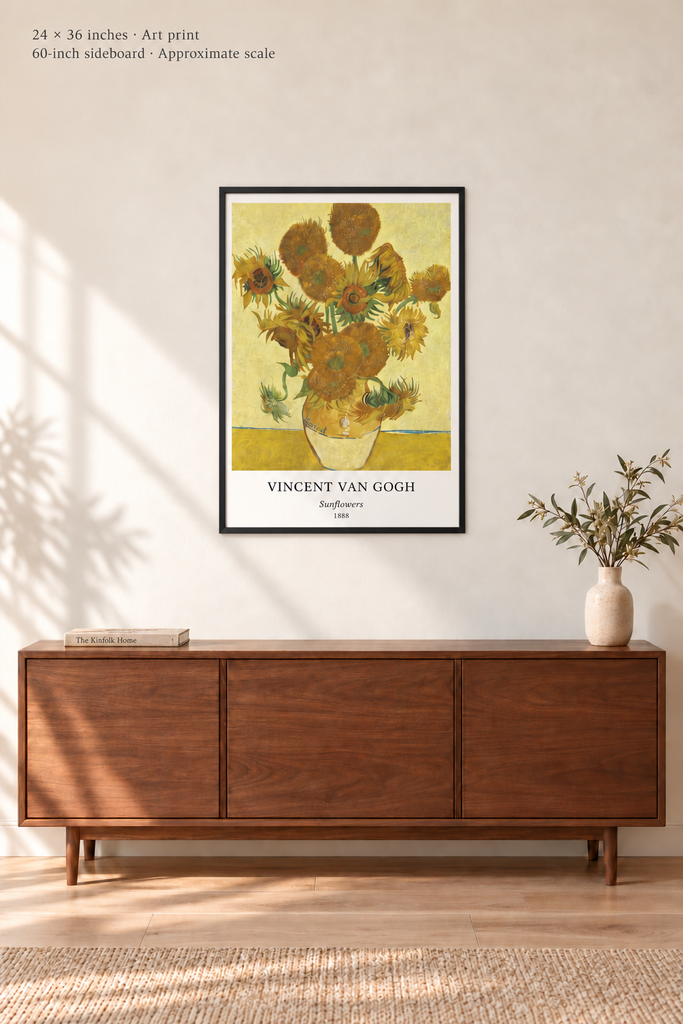Avenue room mockup · 24 × 36 inches · Art print in a simple black frame · Frame not included · approximate scale