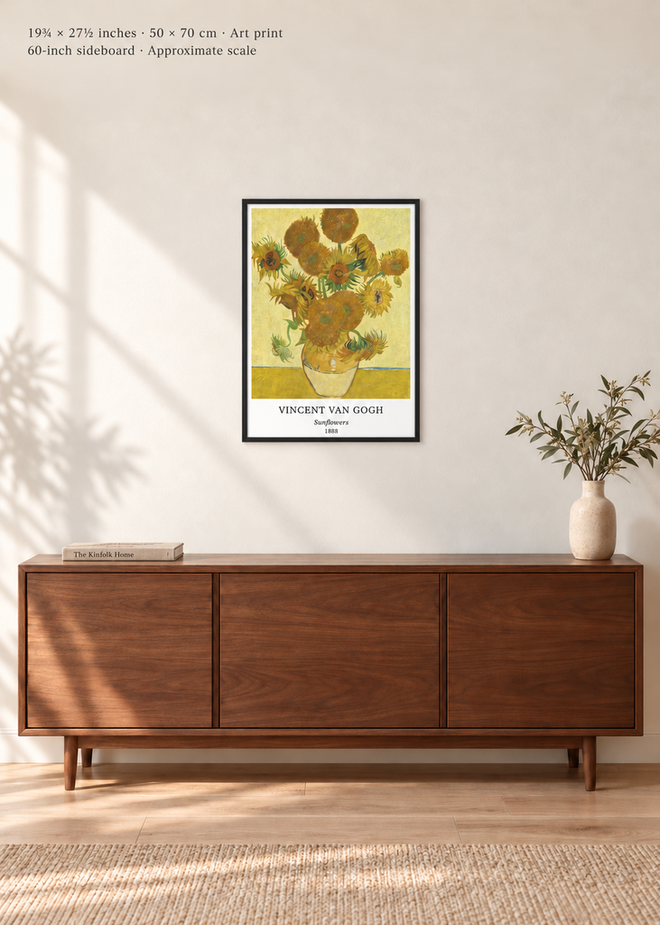 Avenue room mockup · 19¾ × 27½ inches (50 × 70 cm) · Art print in a simple black frame · Frame not included · approximate scale