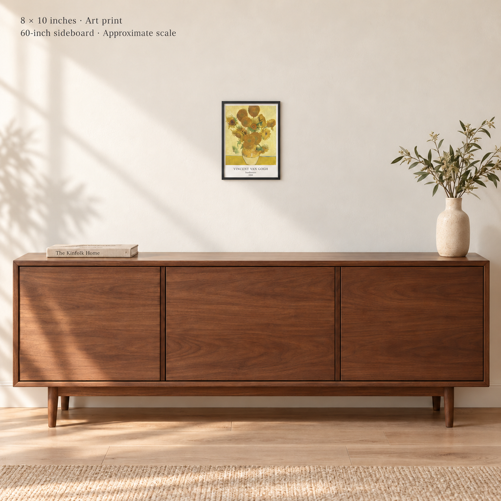 Avenue room mockup · 8 × 10 inches · Art print in a simple black frame · Frame not included · approximate scale