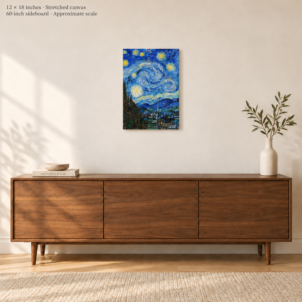 Avenue room mockup · 12 × 18 inches · Stretched canvas · no border or text · approximate scale