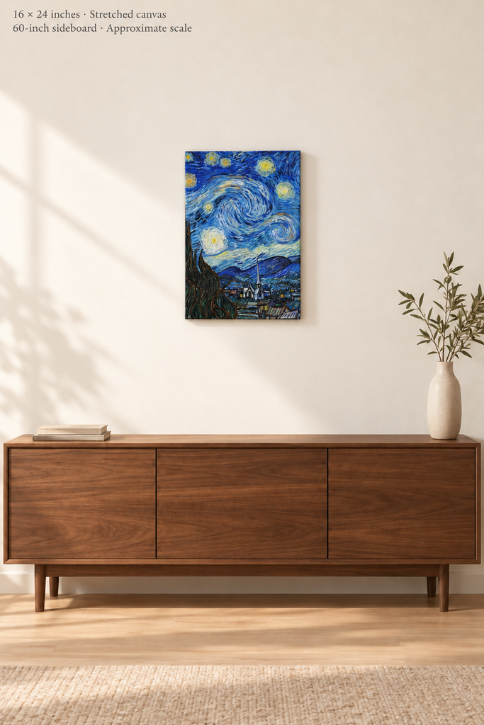 Avenue room mockup · 16 × 24 inches · Stretched canvas · no border or text · approximate scale