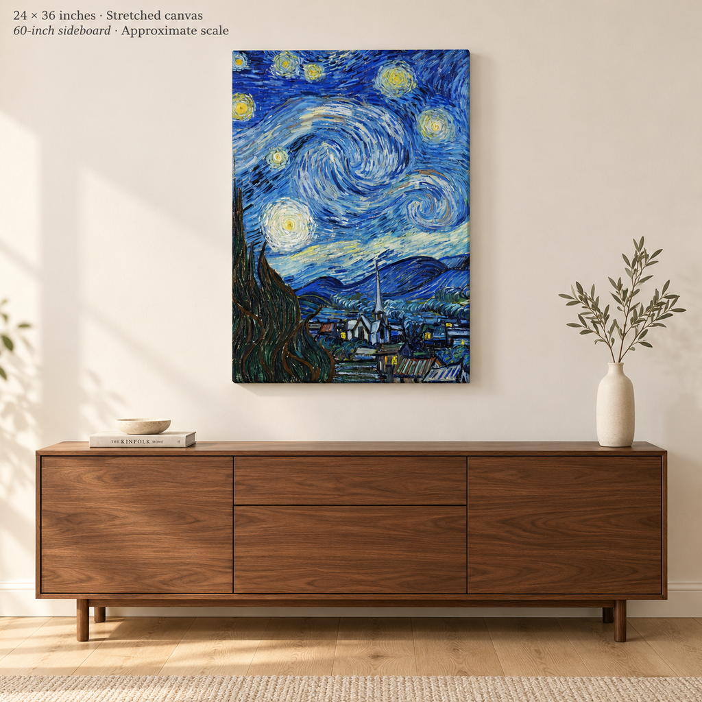 Avenue room mockup · 24 × 36 inches · Stretched canvas · no border or text · approximate scale