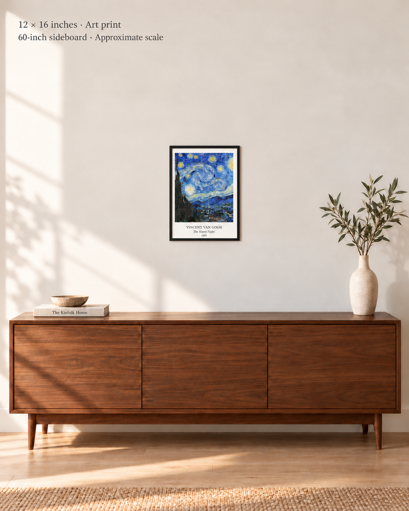 Avenue room mockup · 12 × 16 inches · Art print in a simple black frame · Frame not included · approximate scale