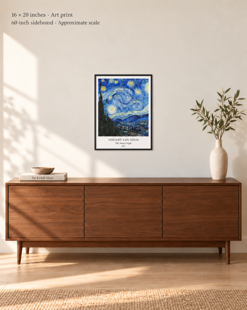 Avenue room mockup · 16 × 20 inches · Art print in a simple black frame · Frame not included · approximate scale