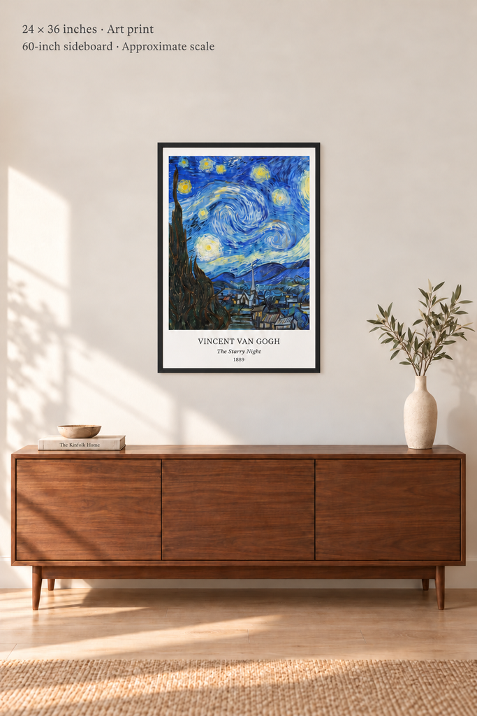 Avenue room mockup · 24 × 36 inches · Art print in a simple black frame · Frame not included · approximate scale