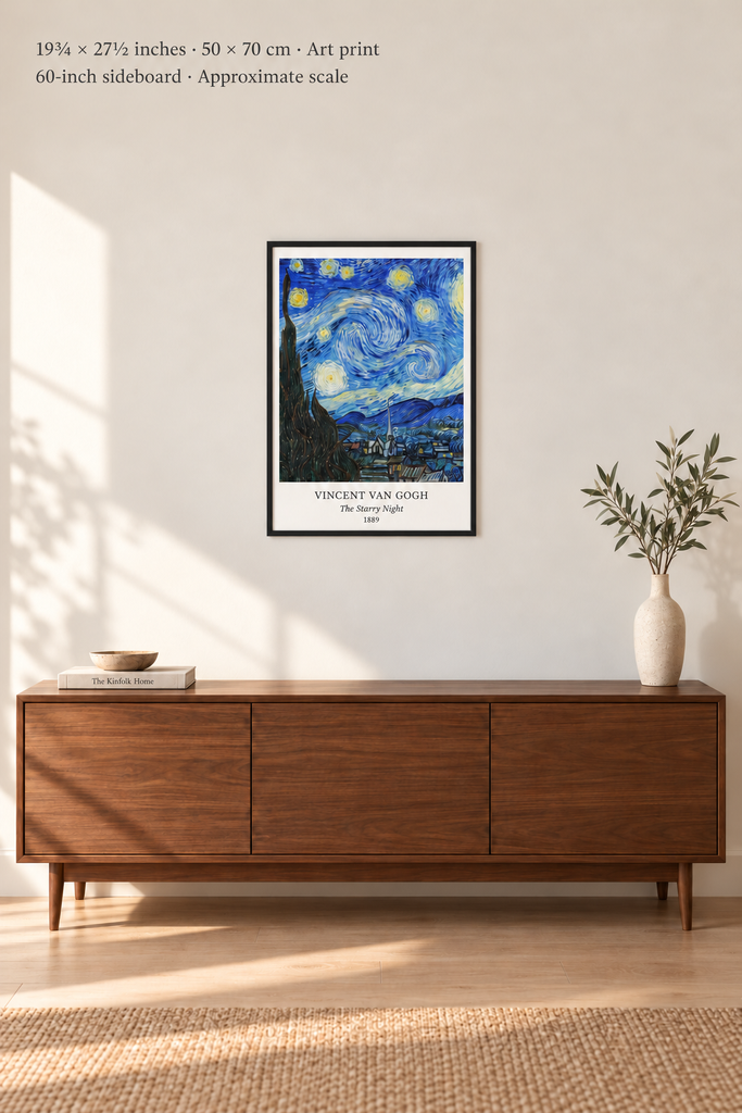 Avenue room mockup · 19¾ × 27½ inches (50 × 70 cm) · Art print in a simple black frame · Frame not included · approximate scale