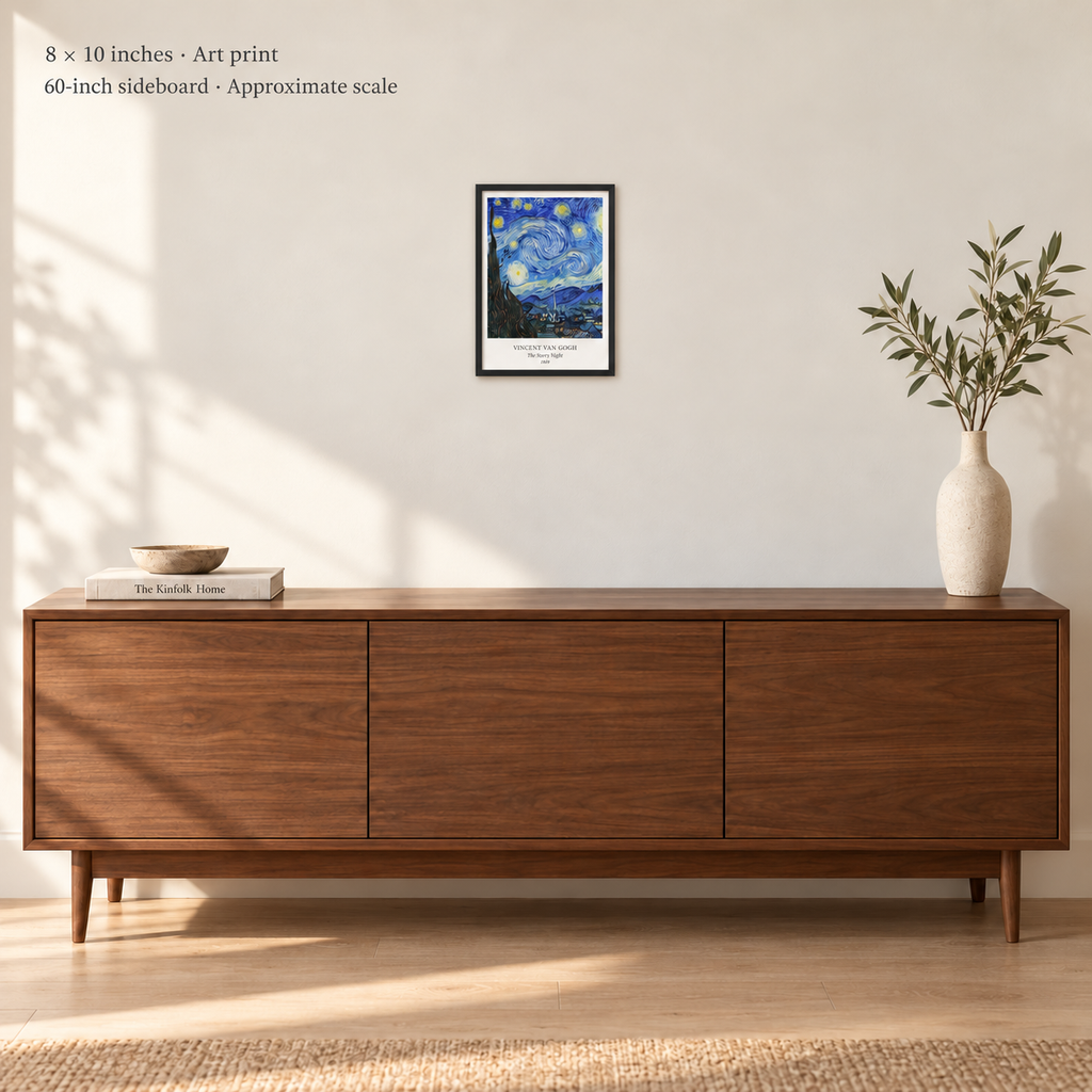 Avenue room mockup · 8 × 10 inches · Art print in a simple black frame · Frame not included · approximate scale