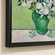 Roses — black floater frame corner detail mockup showing matte canvas texture and shadow gap